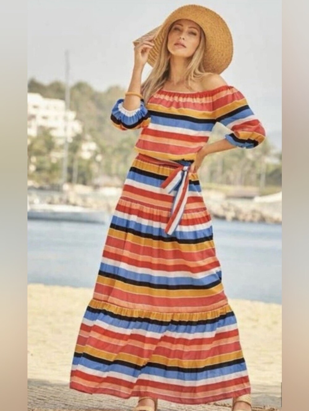 Boston Proper Multicolor Striped Off-Shoulder Maxi Dress TIERED SIZE S No Belt